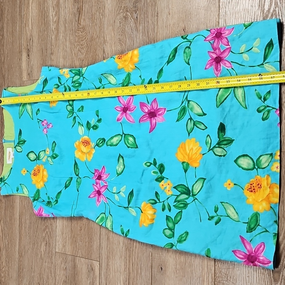 Talbots 100% Linen Bright Aqua Pink Yellow Floral Print Sleeveless Sheath Dress - Picture 16 of 16